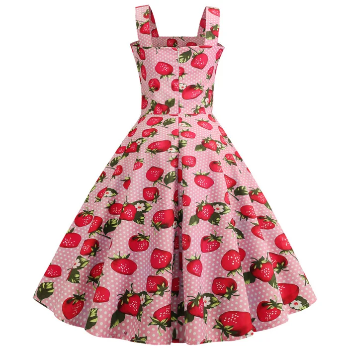 Strawberry Printed Vintage Summer Dresses Women Swing Robe Party Dress 2025 New Casual Vestidos Sexy