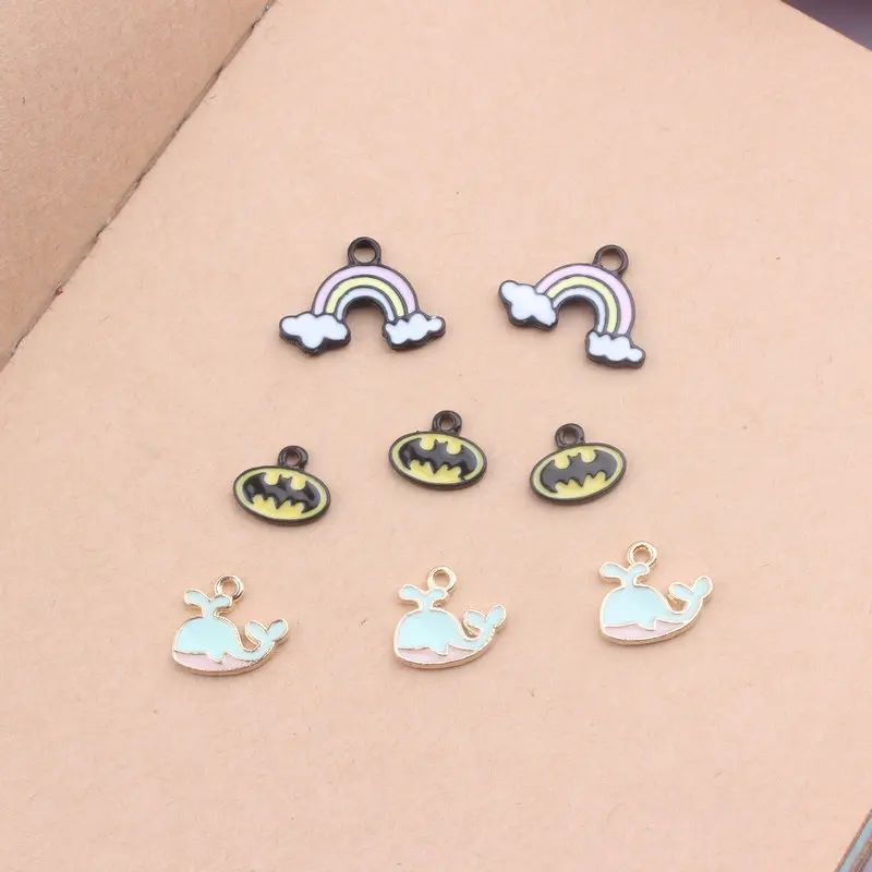 Mini Order 30PCs Rainbow Alloy Charms Bat Man Logo Animal Whale Enamel Metal DIY Jewelry Earring Bracelet Charms