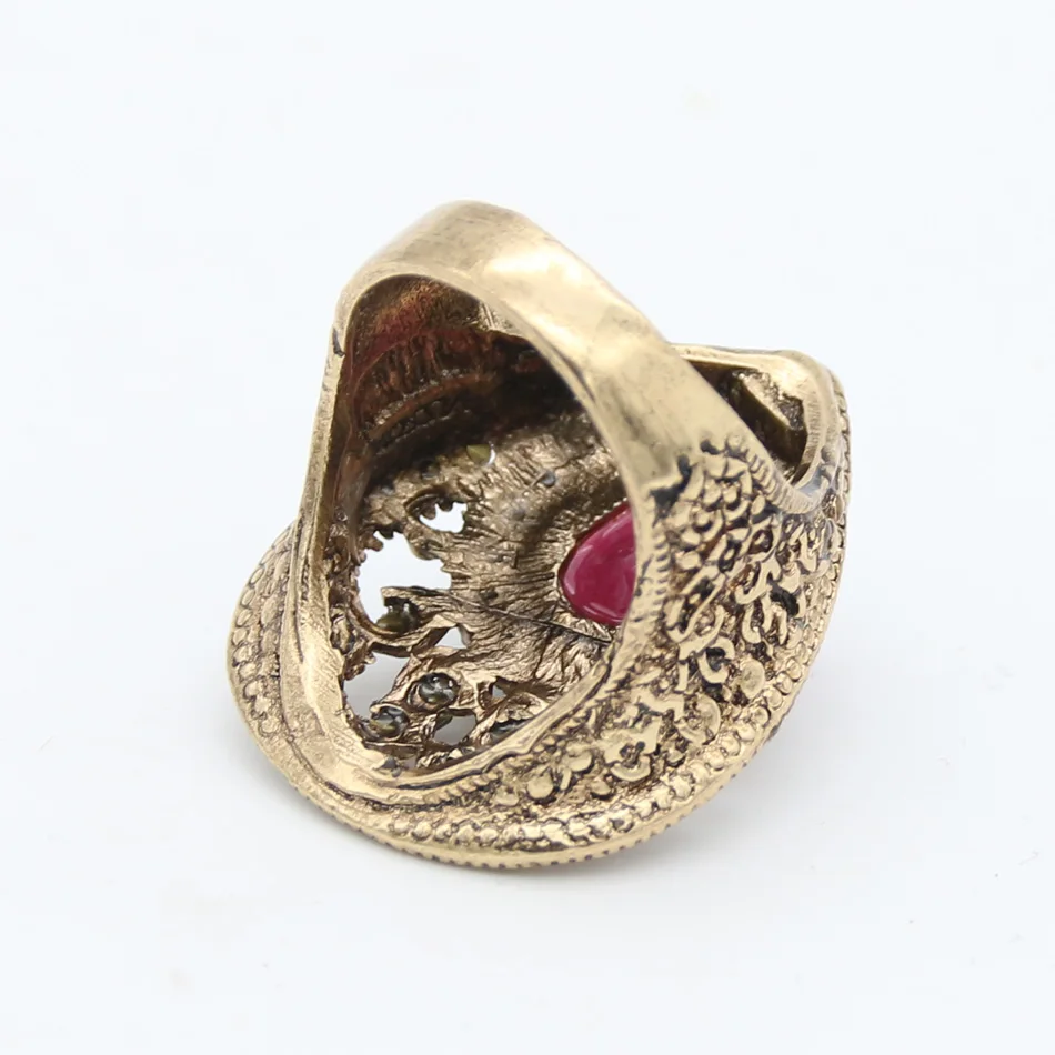 Vintage Turkish Hollow Flower Finger Rings Women Water Drop Resin Crystal Rings Antique Gold Color Jewelry Ethnic Wedding Ring