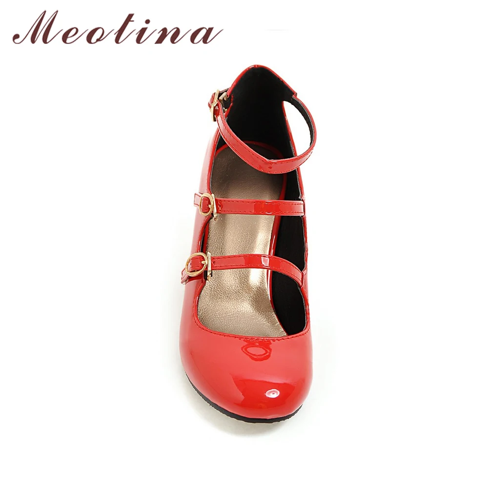 Meotina Spring 2018 Shoes Women Mary Jane Thick High Heels Buckle Pumps Party Shoes Round Toe Ladies Shoes Black Red Size 34-39