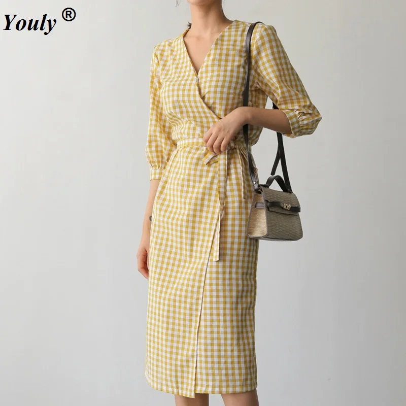 

Plaid Casual Vintage Dresses Cotton Vestidos 2022 Boho Beach Summer Dress Elegant half sleeve Plaid slim Drawstring Party Dress