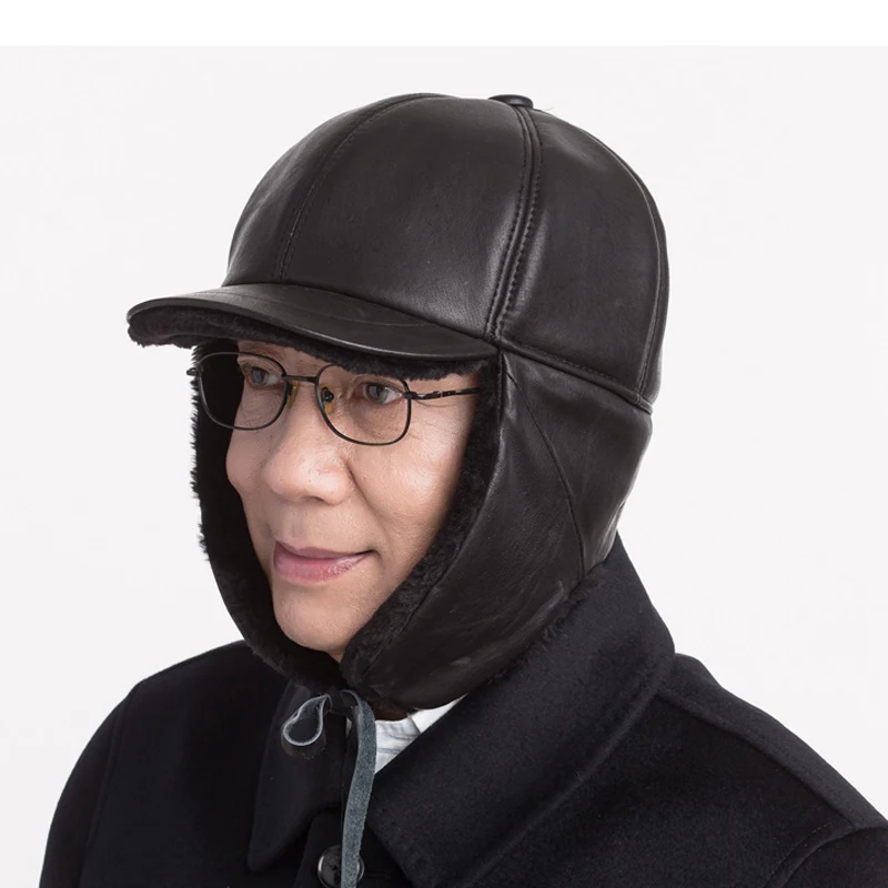 Winter Man Genuine Leather Cap Male Warm Faux Fur Inside Big Earflap Gorras Middle-Aged Elderly Father Cold Protect Bomber Hats