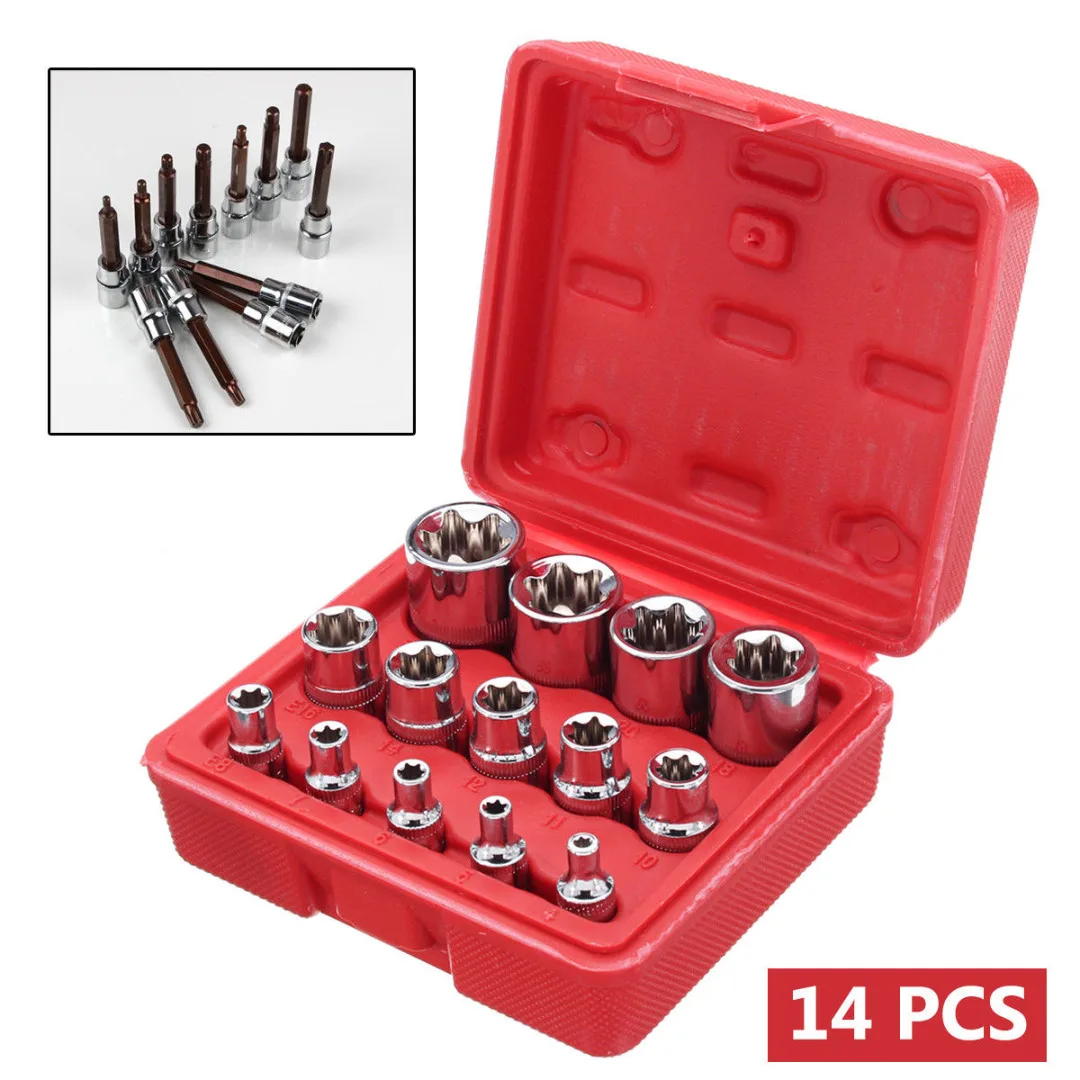 

New 14Pcs E4 - E24 Star Driver Socket Set Hex Torx Torq Torque Bits 1/4 3/8 1/2inch