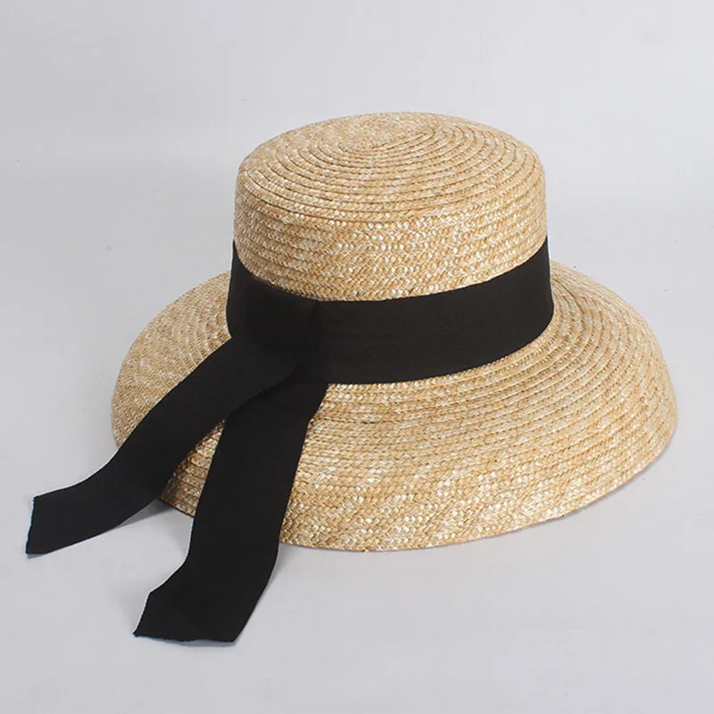 Wide Brim Summer Sun Hat for Women Kentucky Derby Hats Ladies Wheat Straw Hat Black Ribbon Flat Top Handmade Leisure Beach Hats