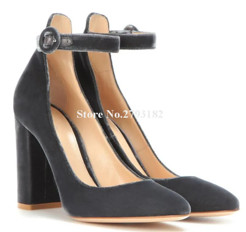 

Women Elegant Fashion Round Toe Velvet Chunky Heel Pumps Ankle Strap Pink Grey Thick High Heels Formal Dress Shoes