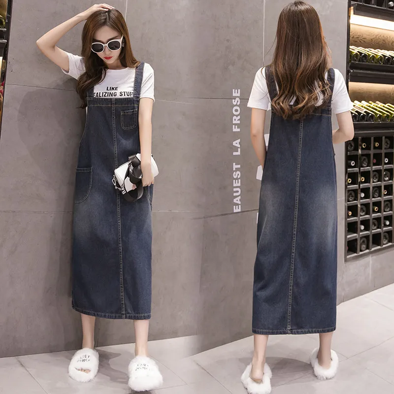 2022 Vintage 6XL Denim Váy Đầm Mùa Hè Mới Đầm Denim Rời Dây Đeo Cổ Màu Xanh Áo Liền Quần Quần Jean Đầm N632