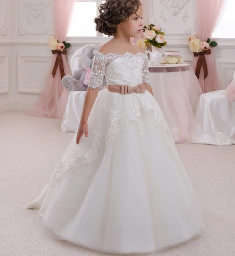 Robe de Mariée en Dentelle à Paillettes, Demi-Manches, Col Bateau, Ceinture à Nministériels d, Fleurs, Bal, Éducatif, pour Fille