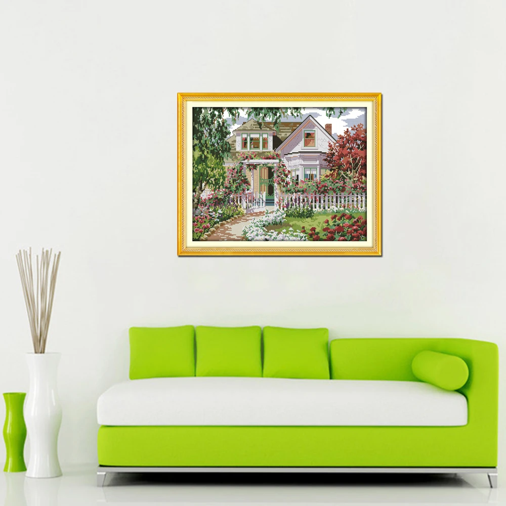 Joy Sunday Scenery style Garden Villa cross stitch alphabet designs stamped or counted needle work kits stitch kits online