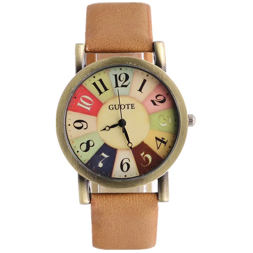 New Famous Brand Vintage Casual Quartz Watch Women Leather Strap Dress Watches Relogio Feminino Rainbow Color Number Clock Hot