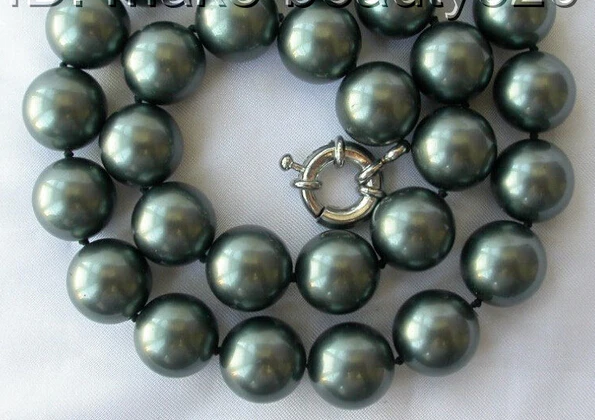 free shipping stunning big 14mm round Tahiti black south sea shell pearl necklace  AAA