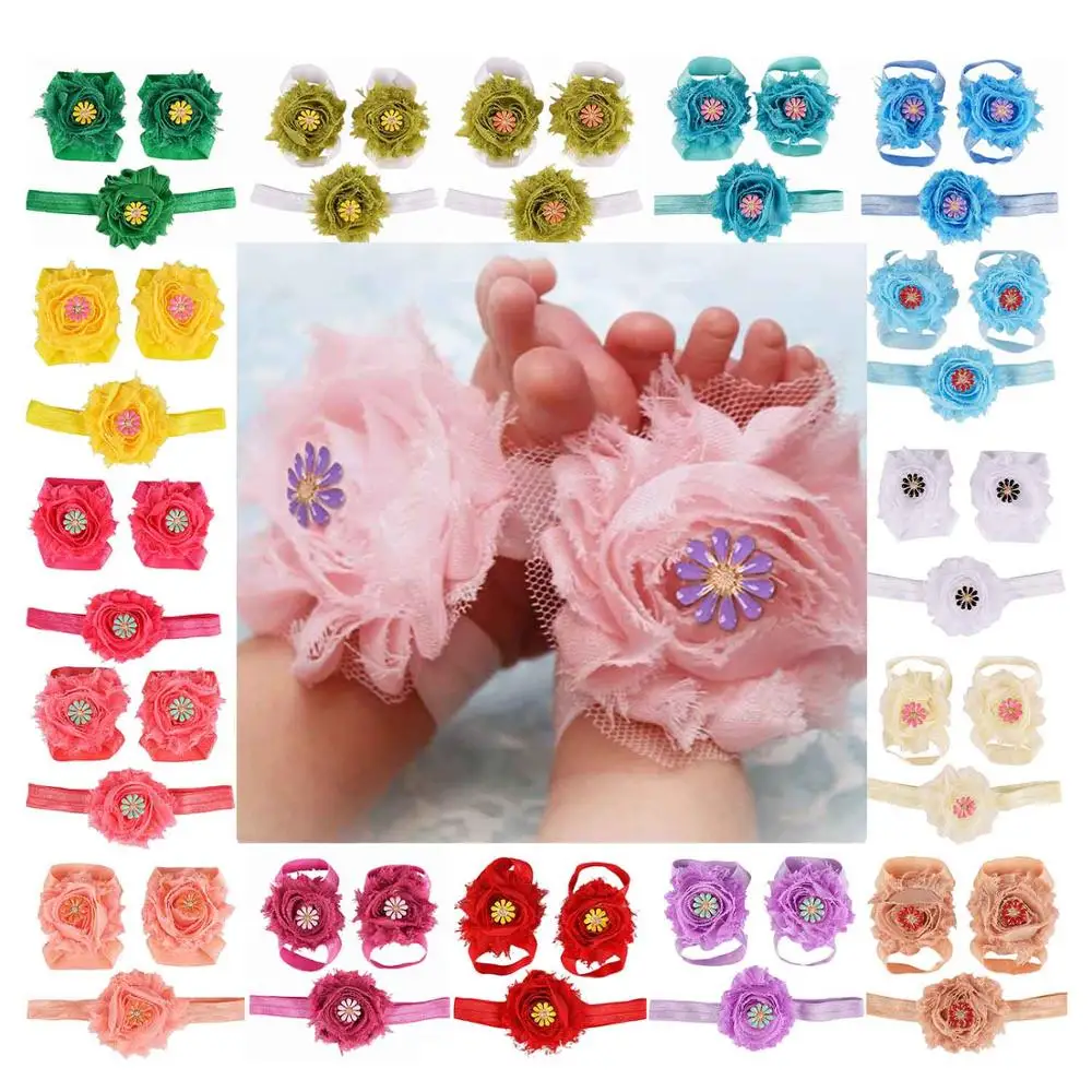 

Flower Baby Barefoot Sandals Set Shabby Chiffon Flower Newborn Sandals Baptism Shoes Baby Toddler Shoes Photo Props 18 Colors