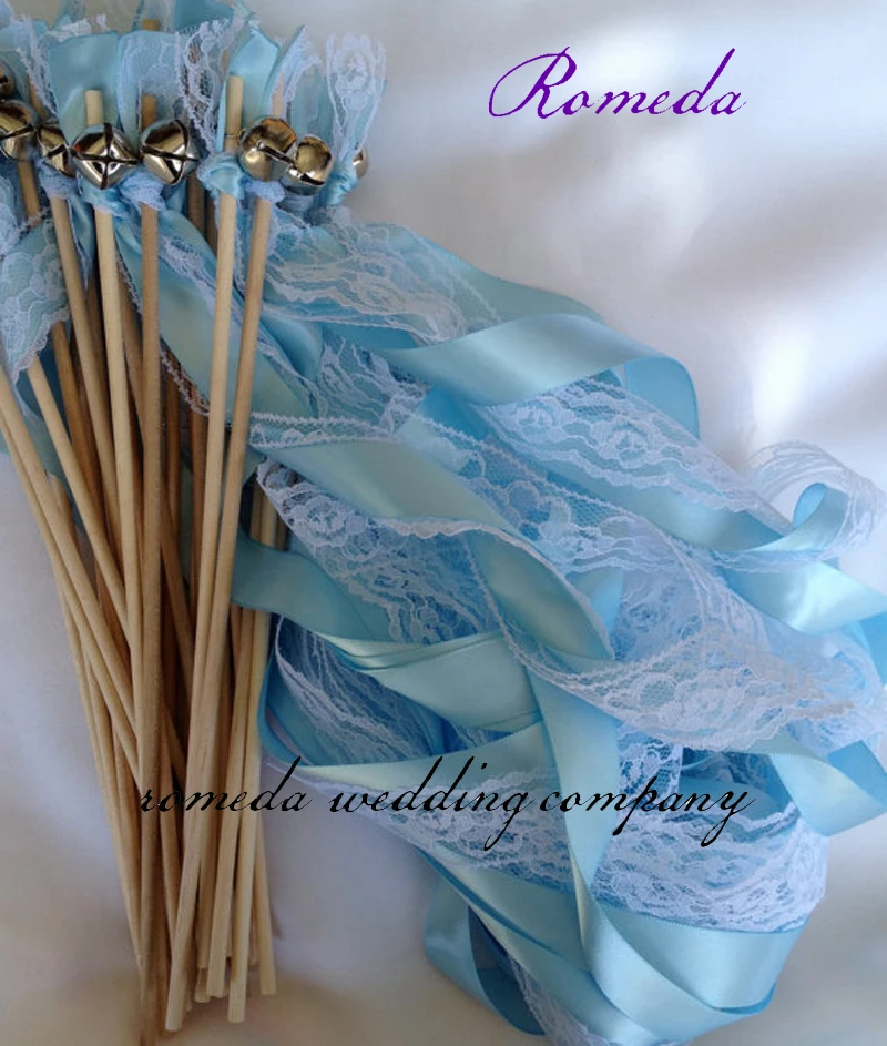 New Arrived Style D Sky Blue ribbon lace wedding wands with bell  Wedding Ribbon Stick,ribbon Twirling Streamers