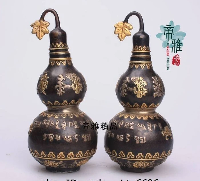 China Old Bronze Copper 24K Gold Gild Auspicious Silver Bottle Gourd Statue Pair