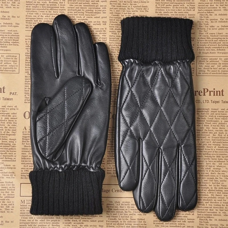 Genuine Leather Men Gloves Fashion Male Sheepskin Gloves Autumn Winter Plus Thermal Velvet Driving Gloves M032NC-5