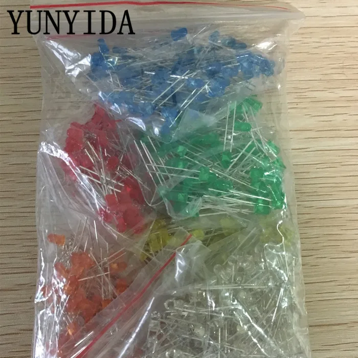 600pcs(6 colors x 100pcs) White Red Green Blue Yellow Orange 3mm 20mA Diffused Light-Emitting Diode LED 3V Lamp Assorted Kit Set