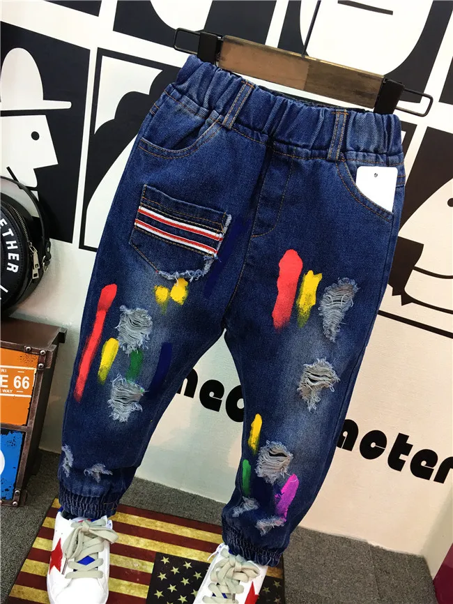 Paint graffiti hole jeans baby jeans boys pants casual pants spring autumn kids trousers navy blue fashion baby clothing (B1123