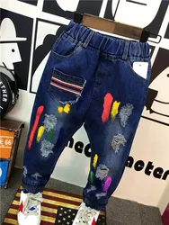 Paint graffiti hole jeans baby jeans boys pants casual pants spring autumn kids trousers navy blue fashion baby clothing (B1123