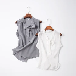 100% Natural Silk sleeveless top female summer new arrive silk bow loose outer wear vest shirt