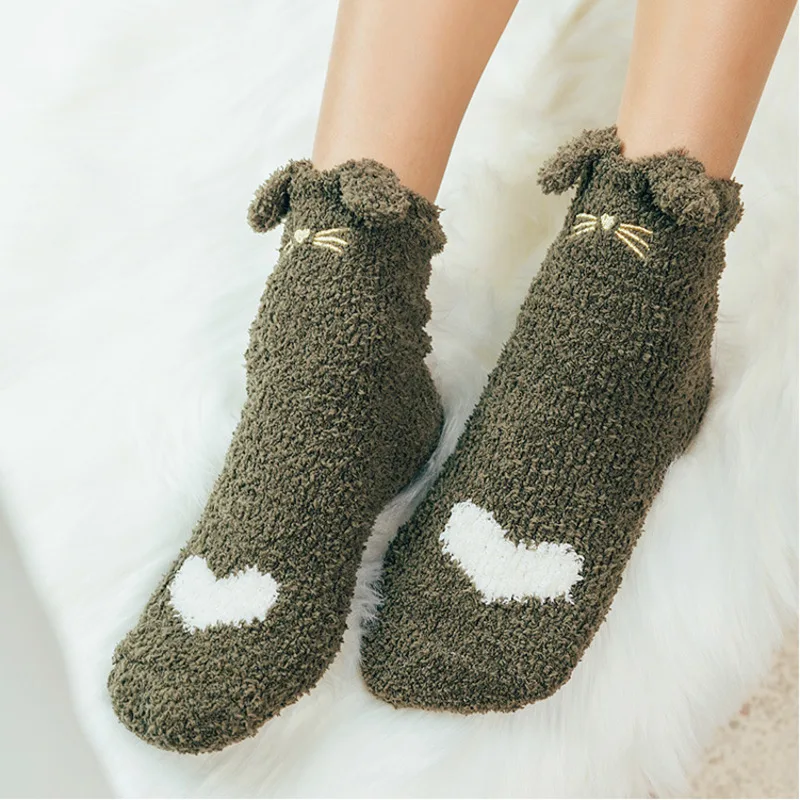 Cartoon Embroidery Kitty Beard Cute Fluffy Ears Woman Japanese Harajuku Socks Winter Thickening Coral Velvet Floor Socks Female