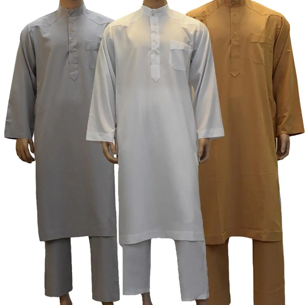 Pakaian Muslim Abaya pria Saudi 2PCS jubah Arab + celana Dubai Thobe Kaftan gaun Dishdasha thouse Jubba setelan kerah berdiri