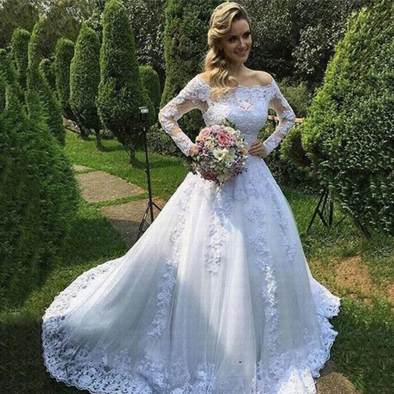 Vestido de noiva jardim vestido de casamento manga cheia renda robe de noiva personalizado