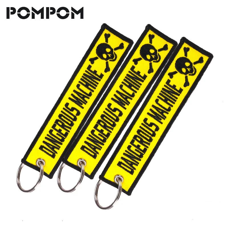 POMPOM Dangous Warning Machine  Skull Keychain for Factory cars and Motorcycle Key Tags Embroidery Yelloew Danger Keychain 3pcs