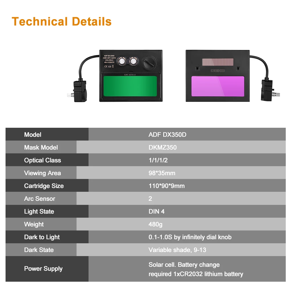 DEKO – casque de soudage à énergie solaire DKMZ350, auto-assombrissant, pour meulage, Machine à souder, masque de soudage à lumière automatique
