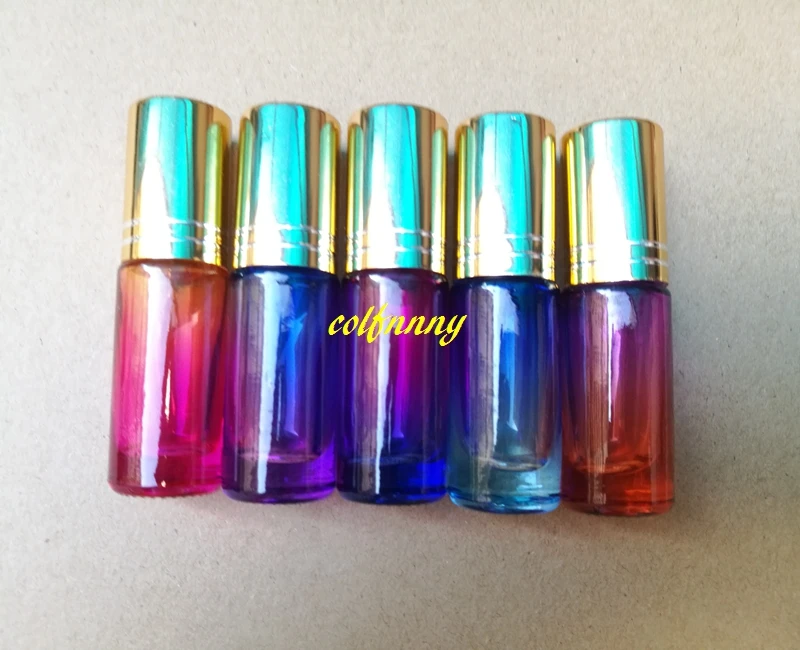 300pcs/lot 20*63mm 5ML Gradient Color Thick Glass Roll On Essential Oil Perfume Bottle Empty Steel Roller Ball Bottles C2202