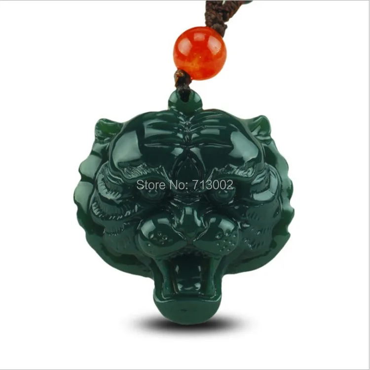 Handwork Carven gray jade jadeite Tiger Head Pendant Necklace Sapphire Amulet TALISMAN