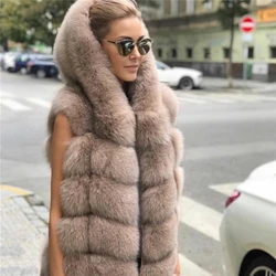 Jaxmonoy Natural Fur Vest Hood Women Genuine Fox Fur Sleeveless Hooded Jacket Full Pelt Women Real Fox Fur Gilet with Fur Hood