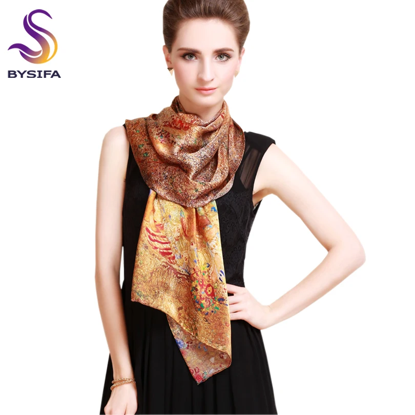 Pure Silk Scarf Shawl Female Long Design Autumn Winter Gold Brown Silk Cape Fashion 100% silk Digital Painting Silk Scarves