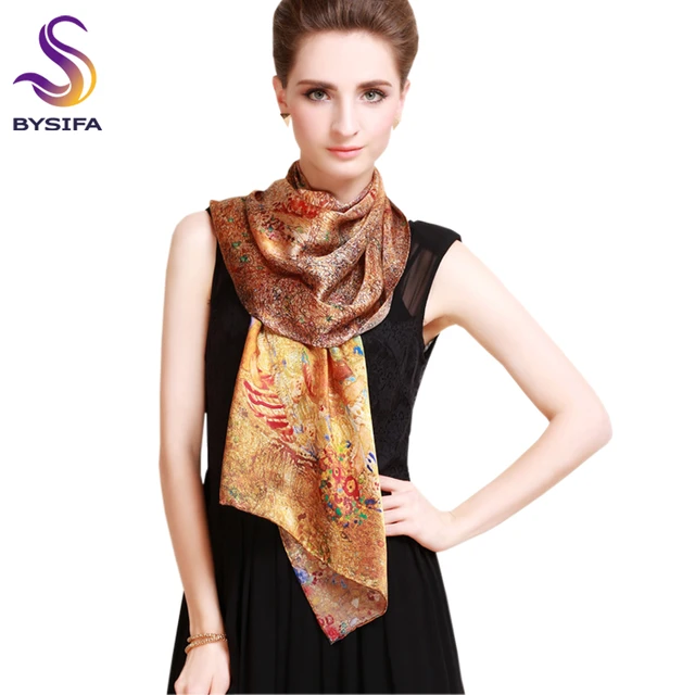 Pure Silk Scarf Shawl Female Long Design Autumn Winter Gold Brown Silk Cape Fashion 100 silk Digital Painting Silk Scarves AliExpress