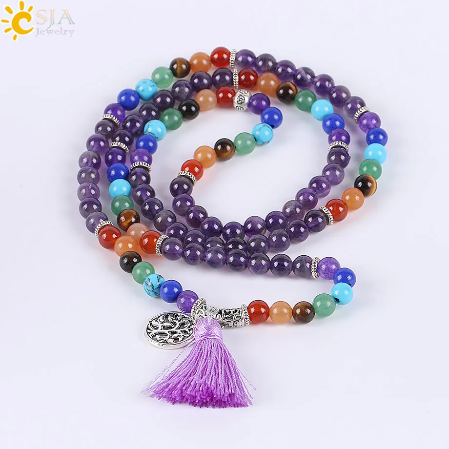 CSJA Reiki Natural 7 Chakra Multi-layer Yoga Charms Bracelets Women Purple Quartz 108 Mala Beads Meditation Healing Tassel E655