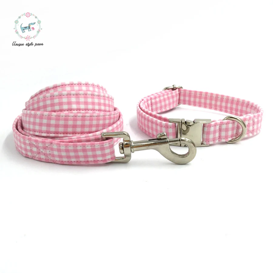 Pink And White Dog Collar And Leash Set With Bow Tie Personal Custom Adjustable Pet Puppy 100% Cotton Dog Party Gift