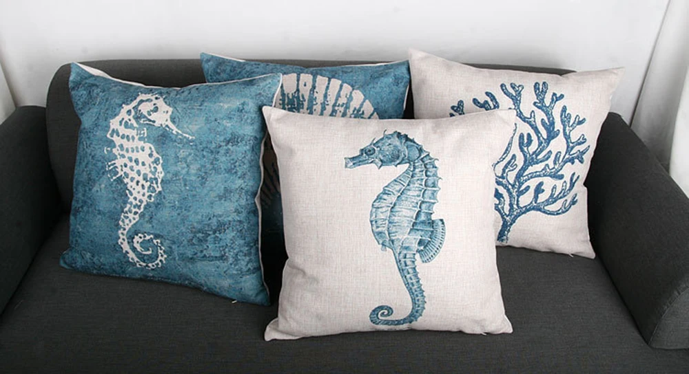 Sea animal sea horse shell blue coral cotton linen digital print cushion cover pillow case blue sea cushion sets