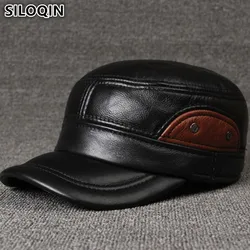 SILOQIN Genuine Leather Hats Men's Flat Cap Brands Baseball Caps For Men Adjustable Size Cowhide Leather Hat Dad's Earmuffs Cap