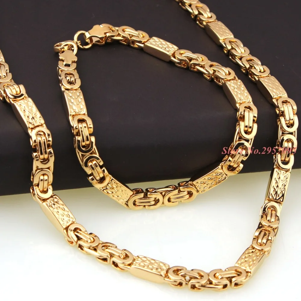 6mm 55cm/22cm set Men Women Bracelets Necklace Set Jewelry Punk Byzantine Style Stainless Steel Links Chains Cool Gift