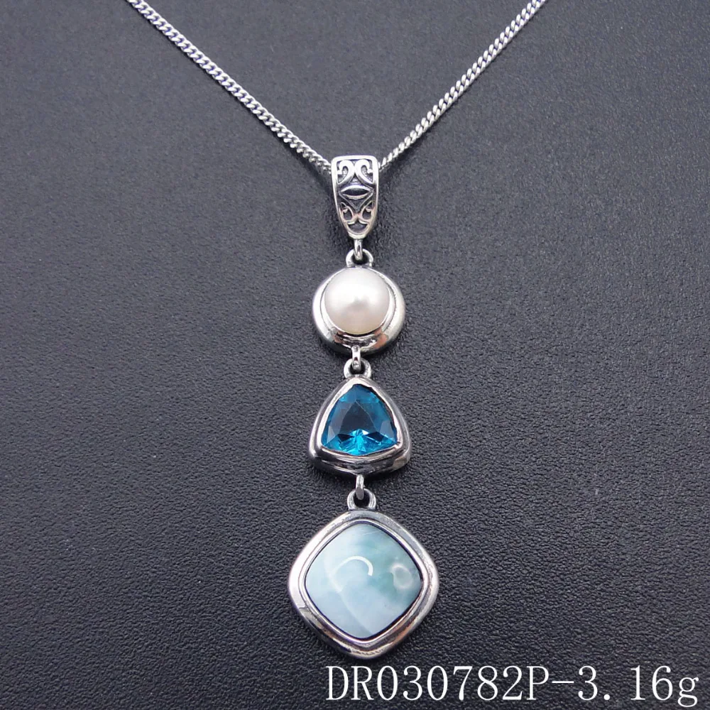 Natural Larimar 925 Sterling Silver Antique Design Blue Topaz Genuine Stone Pearl Charm Pendant Necklace for Women Gift