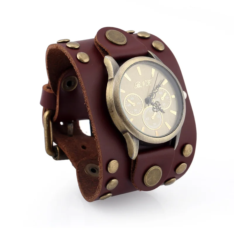 Wristwatch Antique Charms Bracelets For Men Women Genuine Leather Punk Rivet Belt Buckle Big Wide Cuff Bangles Jewelry