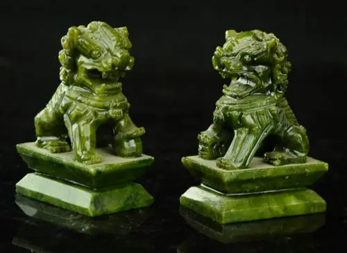 A Pair of Elaborate Chinese Classical Style Feng Shui Natural Green Jade Lion Statues