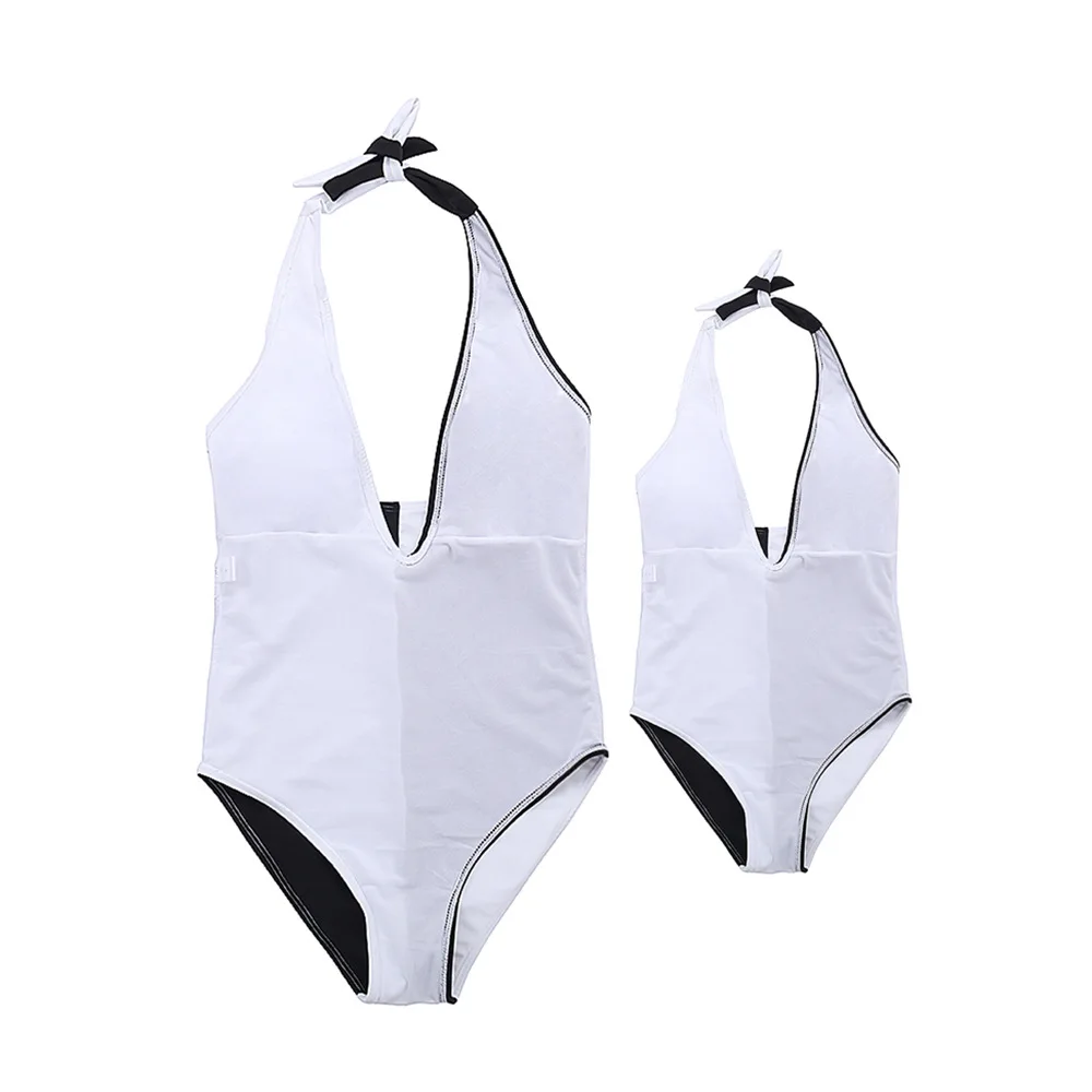 One Piece Mother and Daughter Family Matching Bodysuits Black White Patchwork Mum Girl Bathing Suit V-Neck Mum Kid Swimsuits