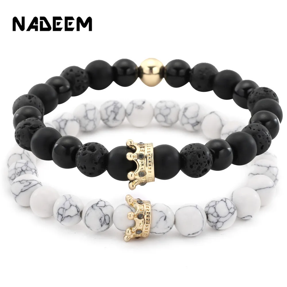 2Pcs/Sets Micro Pave CZ Crown Charm Bracelets Set For Women Men's Lava Howlite Stone Beadc Couple Bracelet Bangles Sets Pulseira