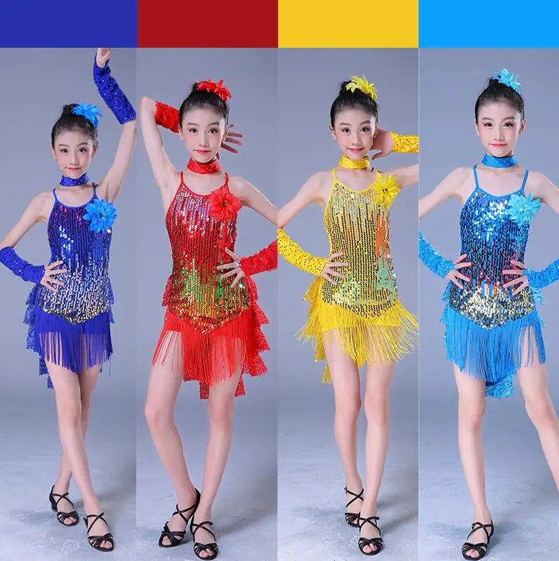 child kid children professional latin dance dress for girls ballroom dancing dresses for kids red sequin fringe salsa tassel