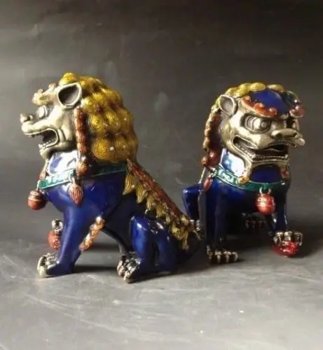 Chinese Old A Pair Chinese Cloisonne Copper Statue - Lion Foo Dog decoration bronze factory outlets