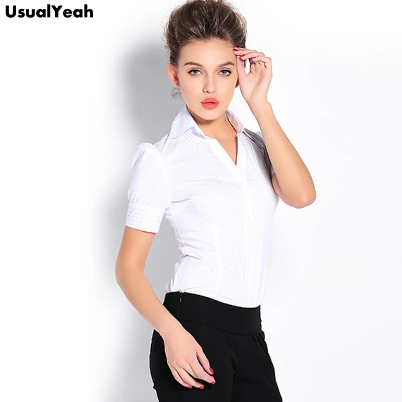 Pleated Dressy Women Blouses V Neck Solid Color Blouse Short Sleeve Shirt Slim Tops Black Blue White Ladies Office Shirt