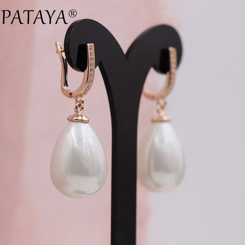 PATAYA New 585 Rose Gold Color Micro Wax Inlay Natural Zircon Faux Shell Pearls Multicolor Drop Long Earrings Women Fine jewelry