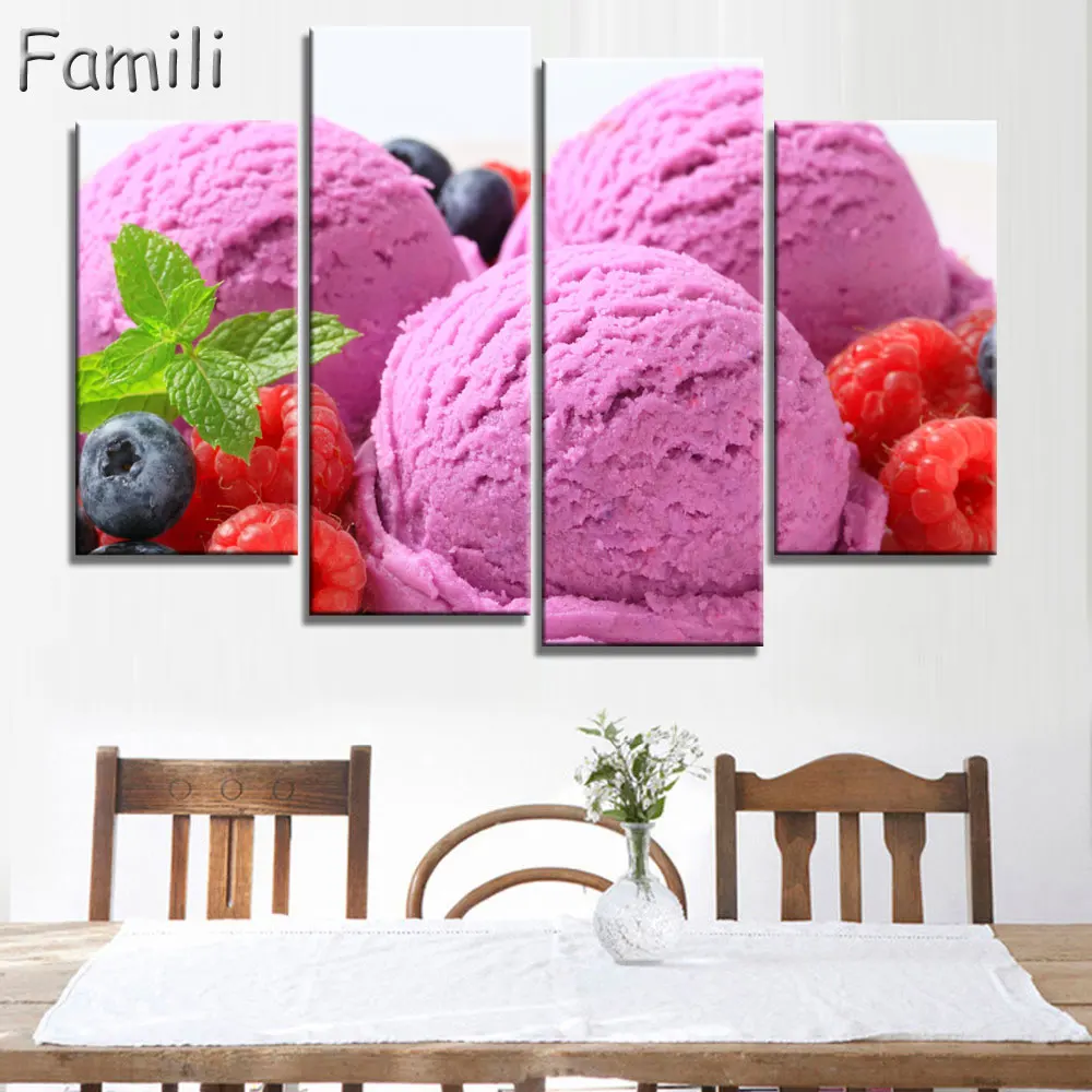 

4 Piece Wall Art Painting Brown And Pink Ice Cream With Leaf In Plate Picture Print On Canvas Food 4 The Picture