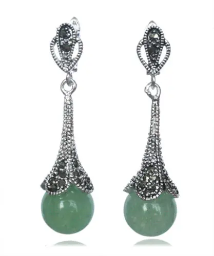 

RARE 925 STERLING SILVER NATURAL GREEN stone BEADS MARCASITE EARRINGS 14/5"