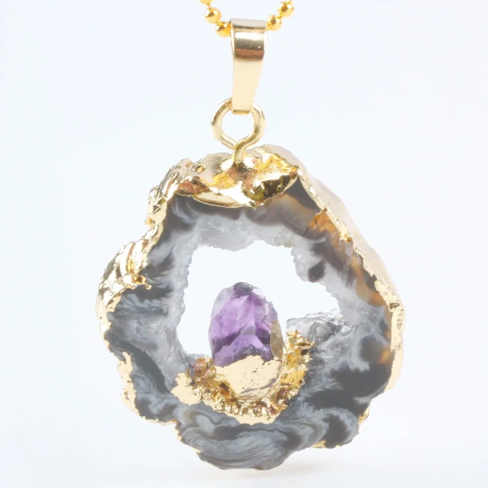 

TUMBEELLUWA Irregular Natural Agate Quartz Slice Geode Crystal Druzy Pendant Inlayed Amethyst Point Jewelry