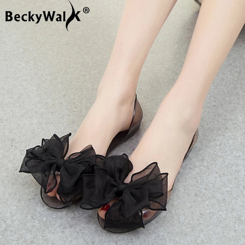 Sweet Bowknot Women Sandals Summer Jelly Shoes Woman Crystal Transparent Flats Casual Beach Ladies Shoes WSH2053